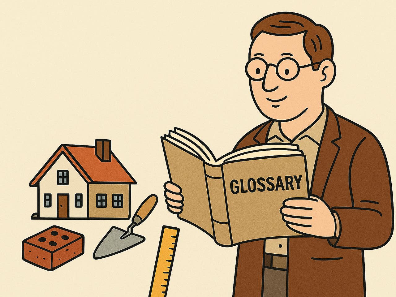 Illustration of a man with a glossary in front of a house model and tools – construction and real estate knowledge.