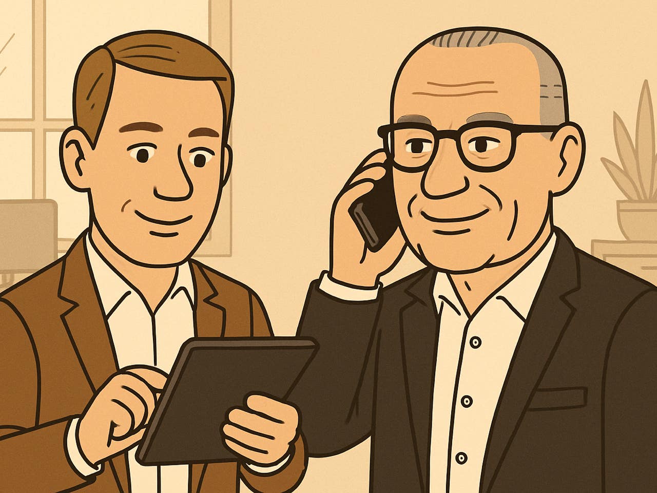 Illustration von zwei Beratern des Teams im Gespräch – einer am Telefon, der andere mit Tablet